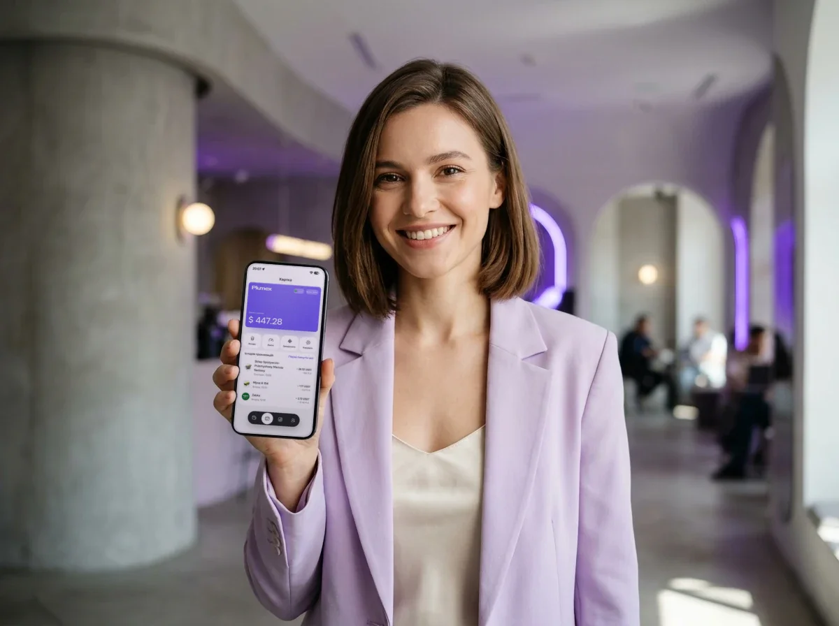 Дівчина зі смартфоном та криптокарткою Plumex
